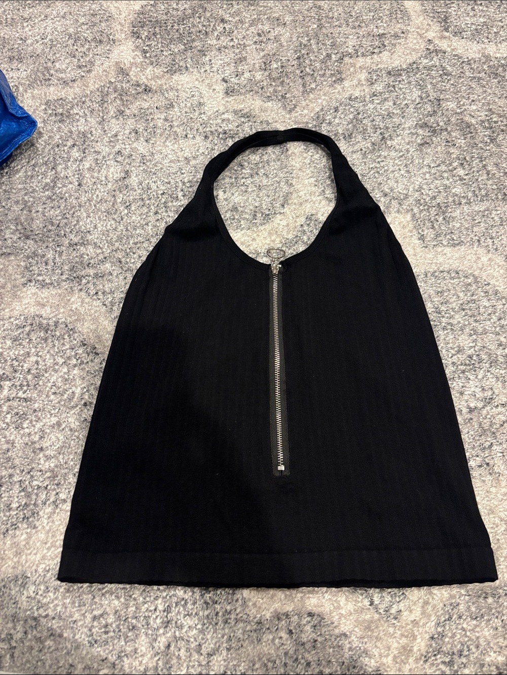 Black Ribbed Zip-Front Halter Crop Top